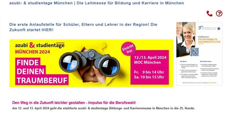 Azubi- und Studientage im MOC München am 12. und 13. April 2024 mit Anzeige von Winter Brandl Suche Azubis für Patentanwaltsfachangestellte
